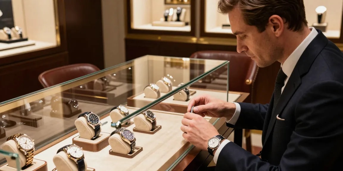 Exquisite display of clone watches in a luxury boutique setting.