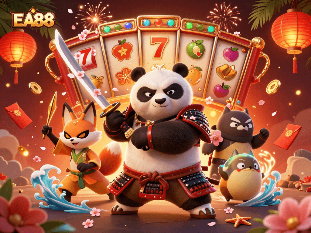 Experience thrilling gameplay at EA88 with an exciting illustration featuring a samurai panda and ninja fox.