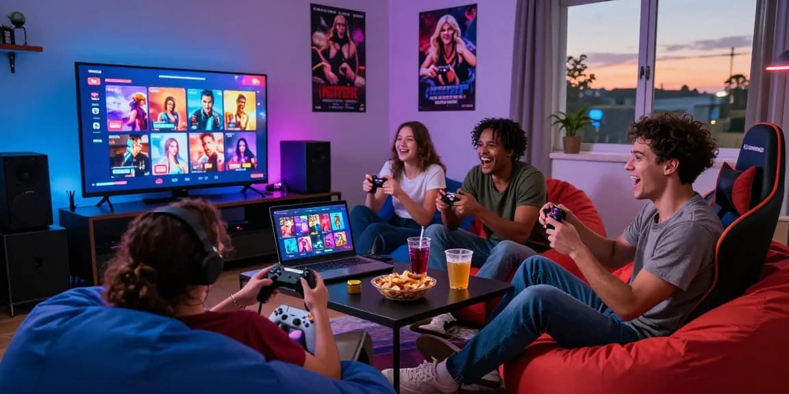 Friends enjoying porngames together in a lively gaming room with LED lights and snacks.