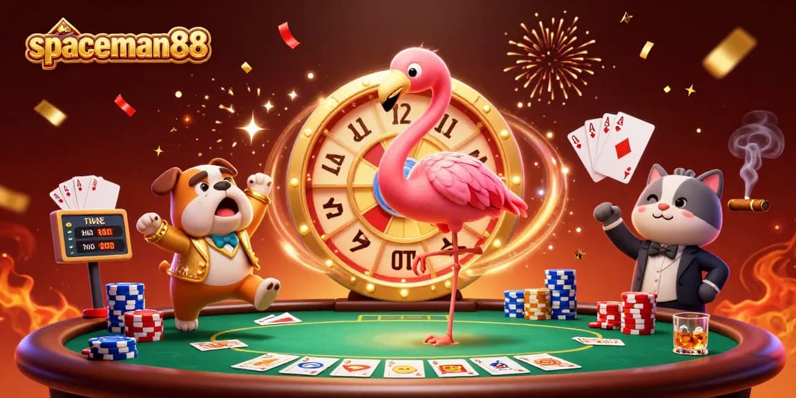 Engage with spaceman88 in a vibrant 3D casino scene featuring game show elements.