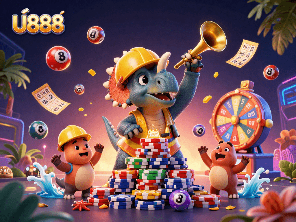 U888 offers dynamic gaming experiences with a triceratops building poker chip pyramids amid lively celebrations.