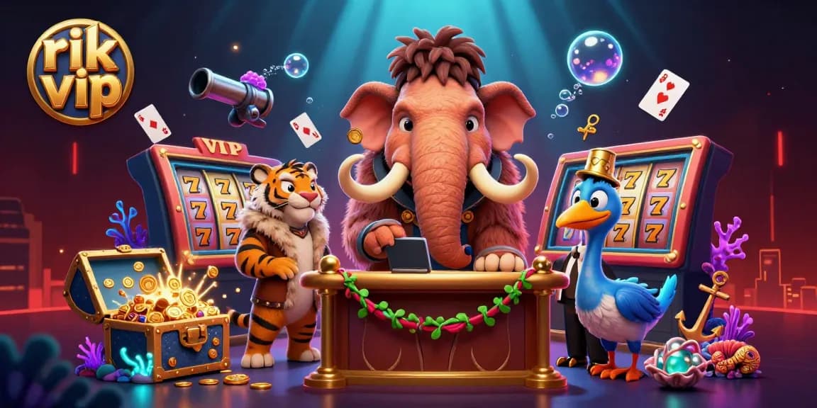 Engage with rik vip as the woolly mammoth checks IDs at a vibrant casino door scene.
