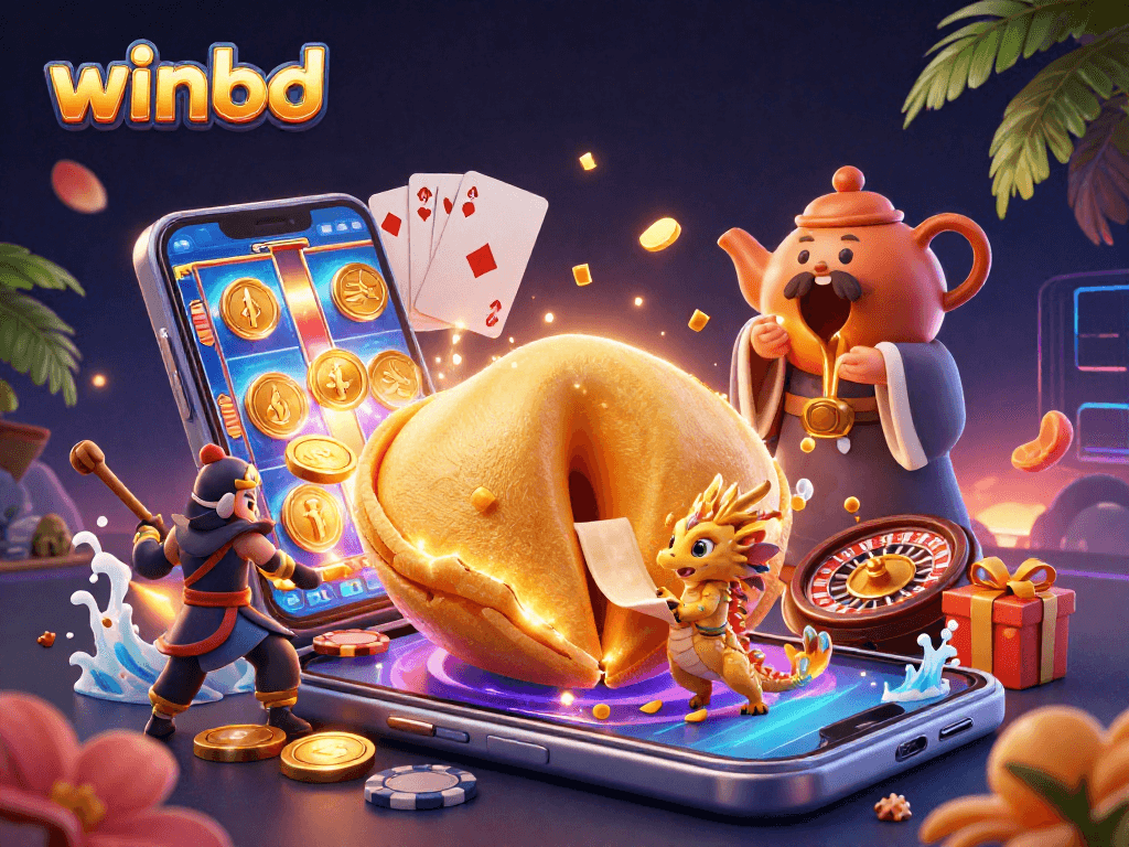 Winbd engages players with a vibrant scene showcasing casino elements, featuring a golden fortune cookie, dragon, and gaming excitement.