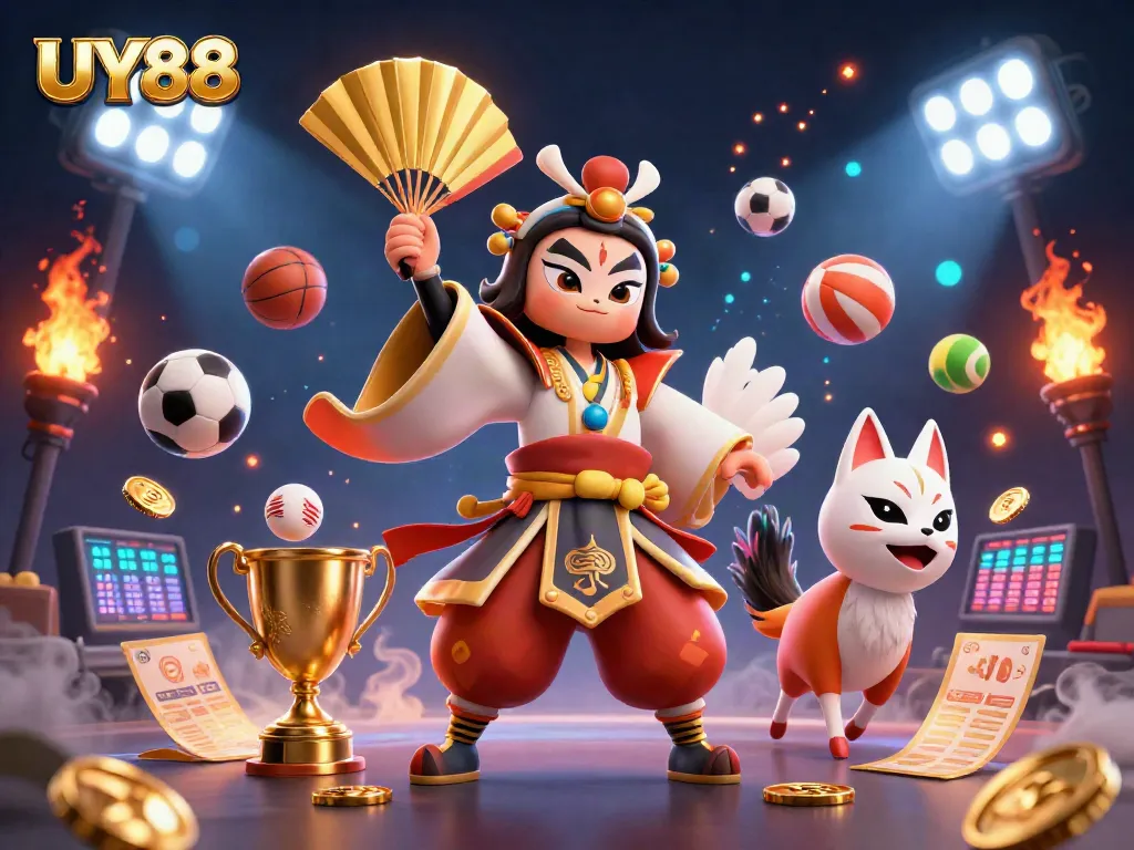 Experience the excitement of UY88 with dynamic sports betting elements and animated characters in action.