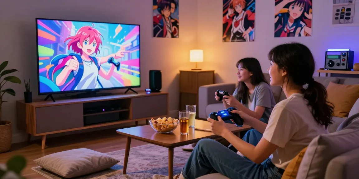 Couple enjoying ecchi games in a cozy living room with gaming setup.