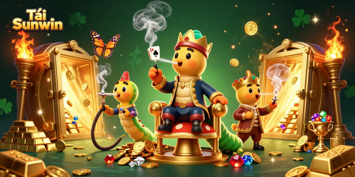 Experience Tải Sunwin with a vibrant 3D art scene of a whimsical caterpillar master and treasure elements.