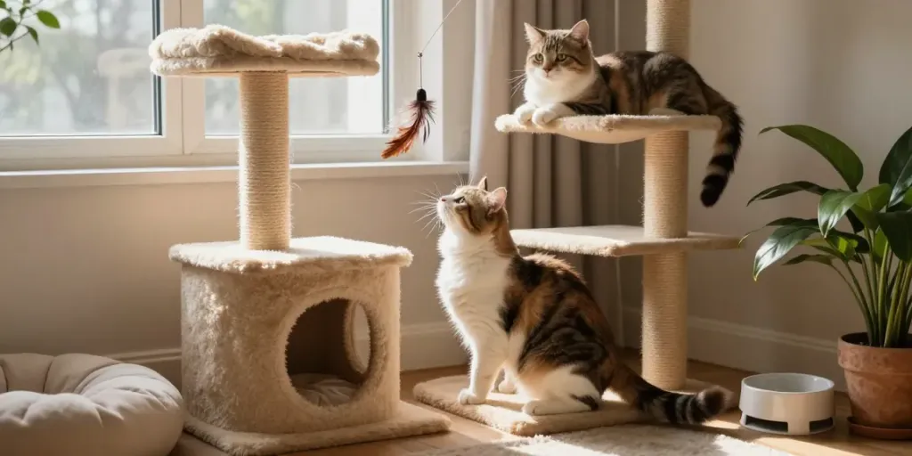 Joyful cats engaging with a stylish cat cat tree in a warm home environment