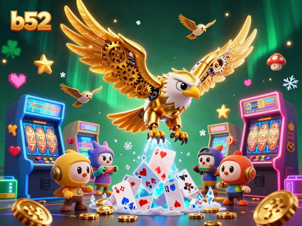 Experience thrilling b52 gameplay amidst a vibrant casino environment featuring holographic cards and golden eagles.