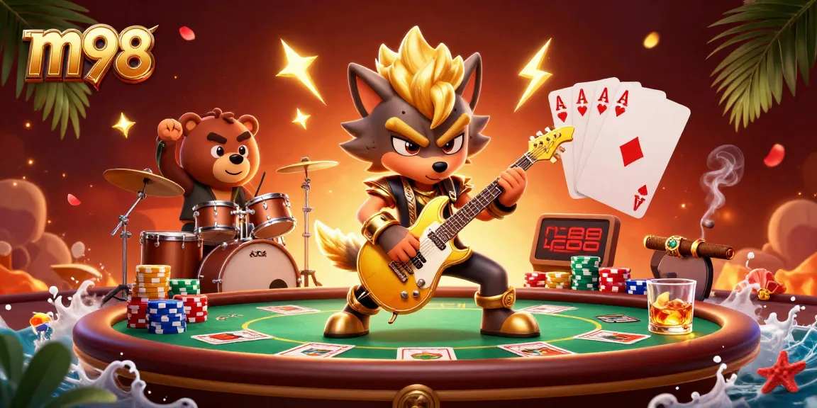 Experience the thrill of m98 as a rock star wolf and wild drummer bear ignite the casino scene.