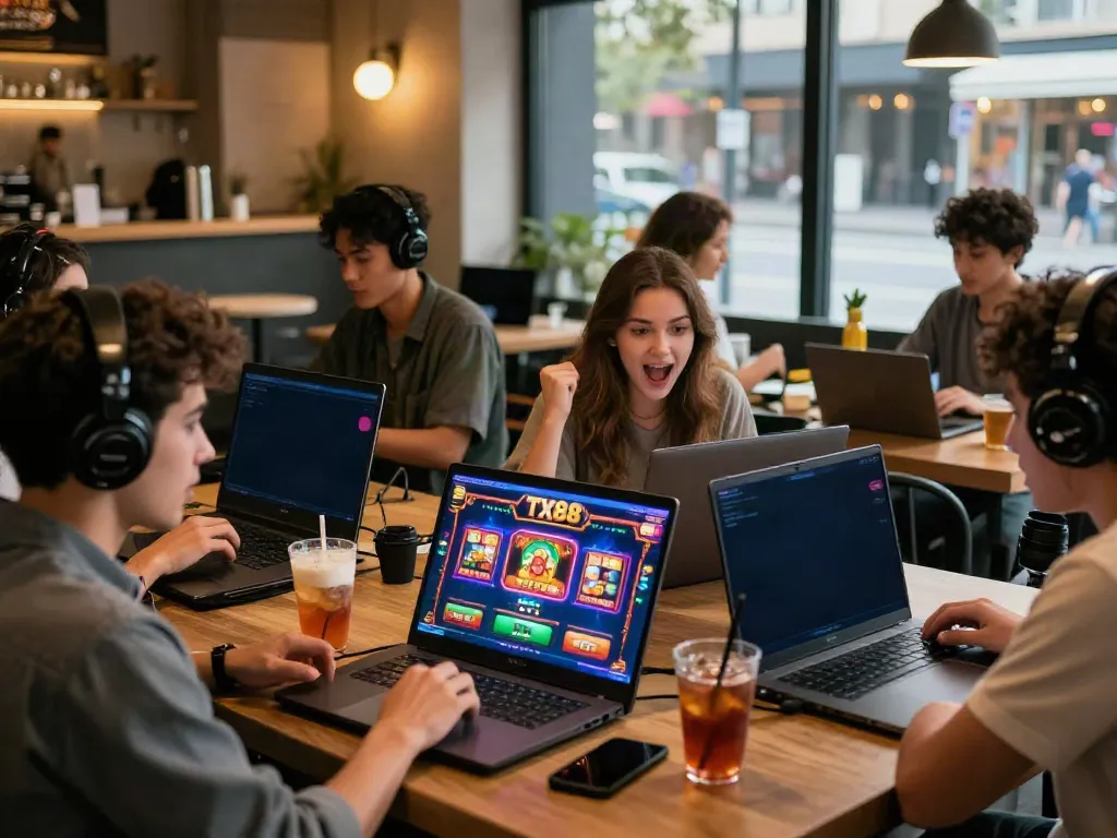 Exciting gaming scene at TX88 with players enjoying various online betting games in a modern café atmosphere.
