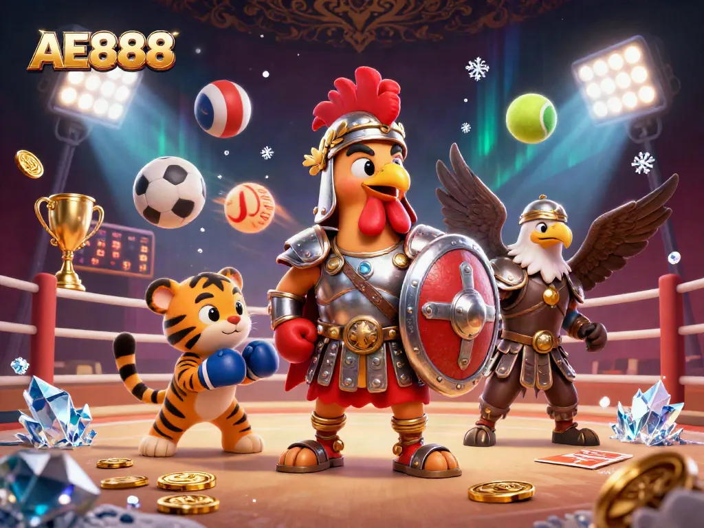 Bet on epic AE888 matches with a dynamic illustration of a gladiator rooster in a vibrant cockfighting arena.