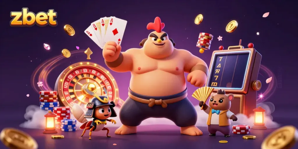 Experience thrilling casino action with zbet, featuring a dynamic sumo wrestler rooster, samurai cricket, and tanuki announcer.