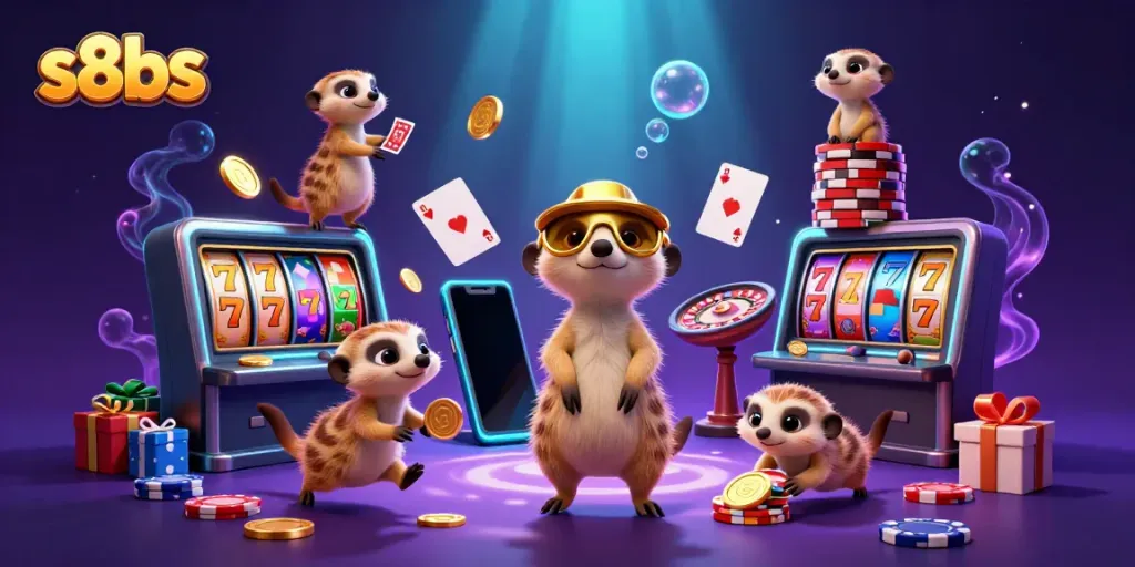 Unleash excitement at s8bs with playful meerkats managing a vibrant casino scene.