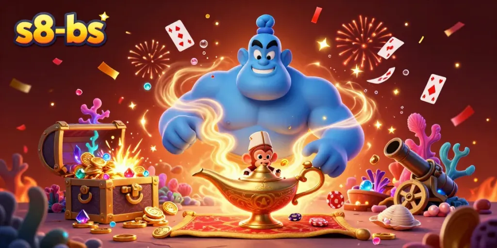 S8-bs thrilling gaming experience with a genie, poker chips, and treasure in a vibrant casino setting.