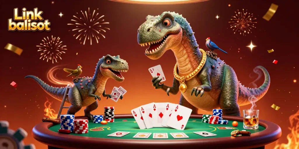 Spin to win big at Link balislot with vibrant casino elements and a playful 3D dinosaur.