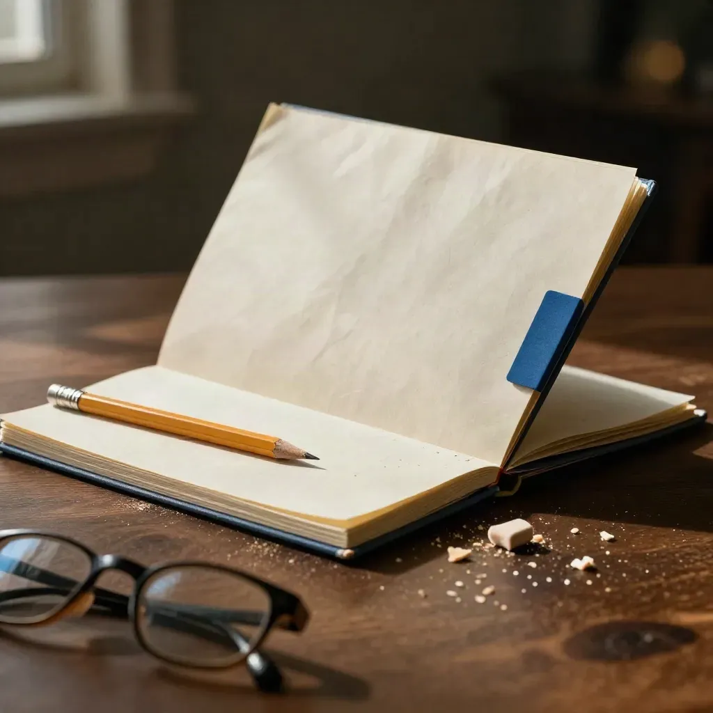 Homework folder, pencil, crumbs and blurred glasses on walnut in dramatic light