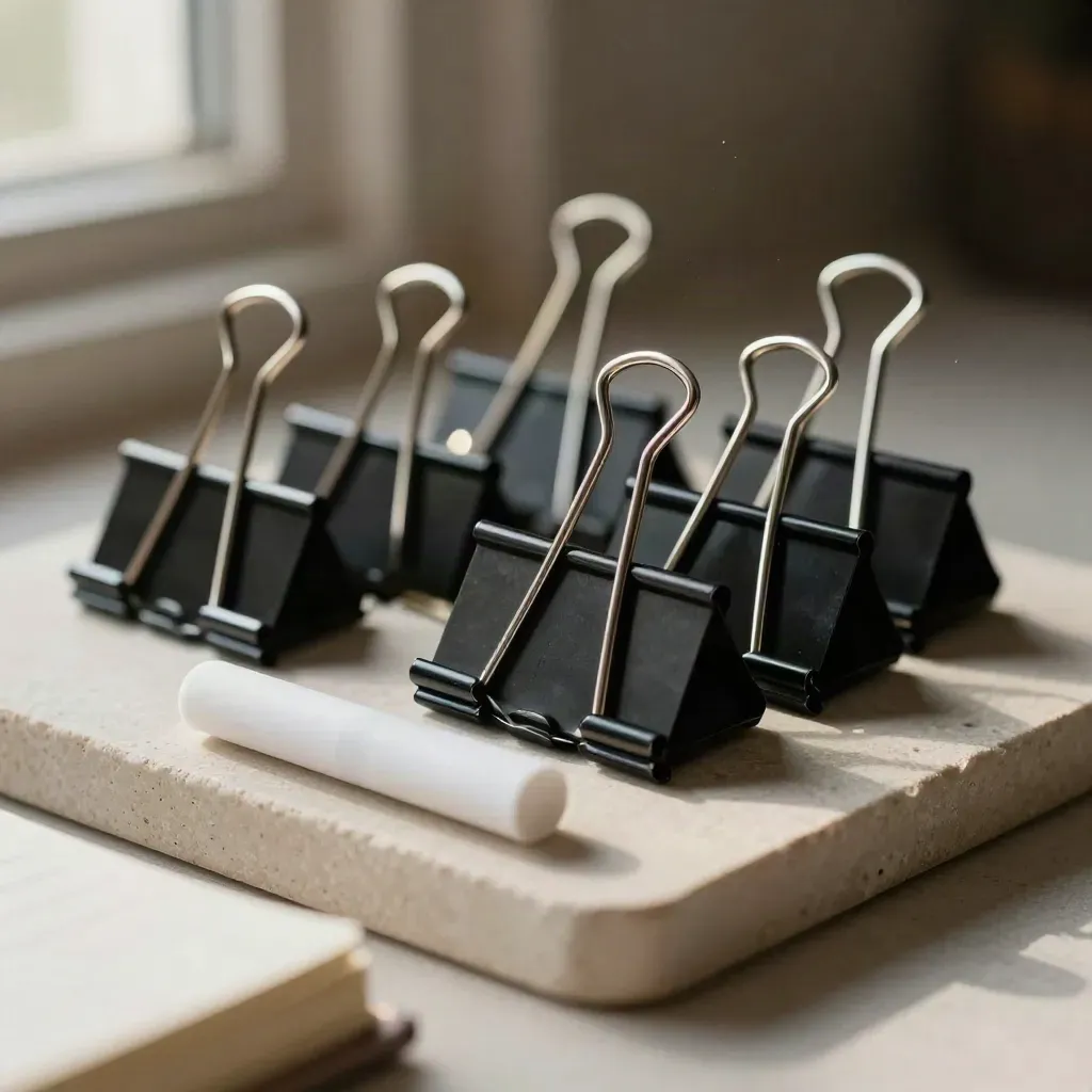 Binder clips and a marker cap on pale stone beside a class register tray.
