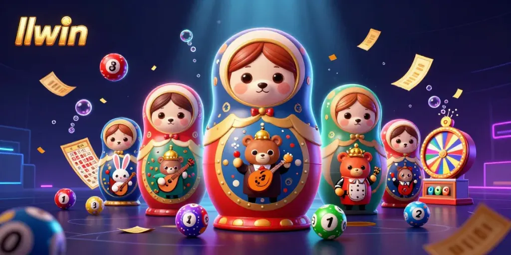 Engage with the vibrant scene showcasing llwin's unique casino experience featuring cartoon bears and dynamic lottery elements.