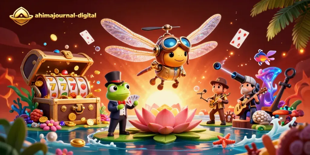 Experience ahimajournal-digital with a lively casino scene featuring a dragonfly pilot and frog croupier.