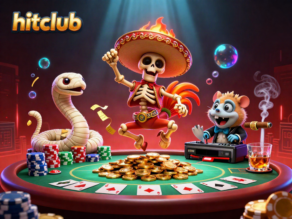 hitclub casino scene with a mariachi rooster celebrating amidst poker elements