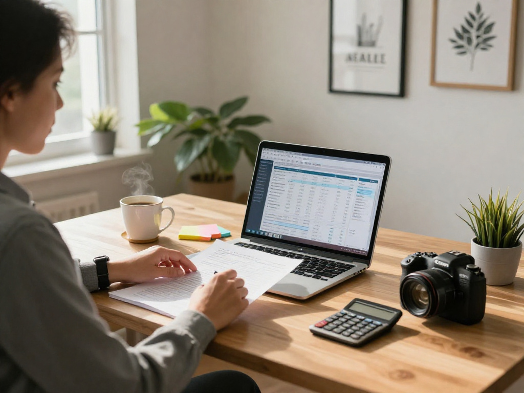 Individual organizing finances at home office desk with debt reduction strategies.