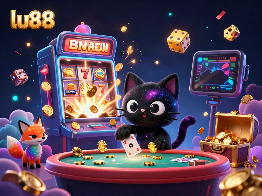 Experience the cosmic excitement of lu88 with a thrilling 3D casino scene featuring a black hole cat and a vibrant nebula fox.