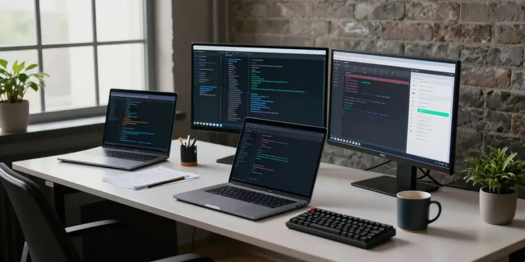 Workspace showcasing instant indexing setup with monitors and code editor.