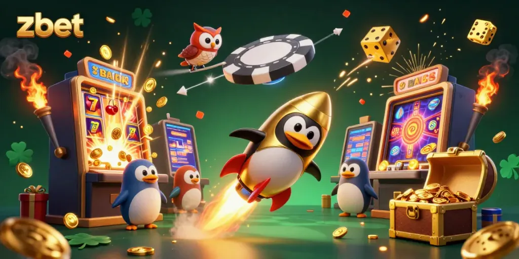 Engage with zbet's thrilling casino experience featuring a golden penguin and slot machine jackpots
