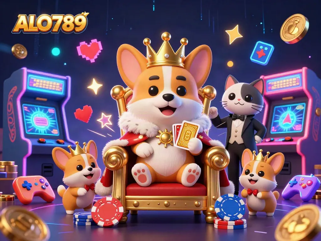 Spin and win at ALO789 with a royal corgi surrounded by casino elements in a vibrant scene.