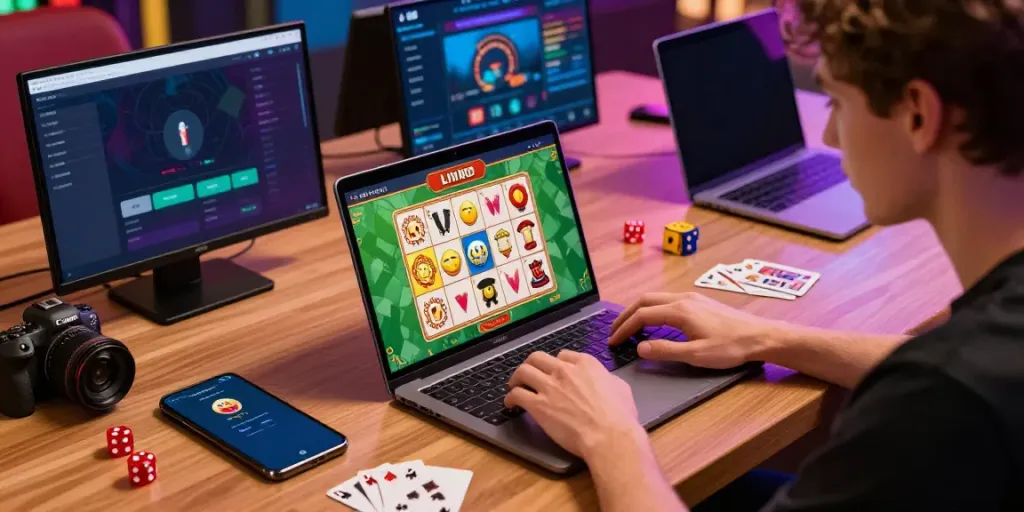 Engaged user enjoying debet's online gaming platform with vibrant casino elements.