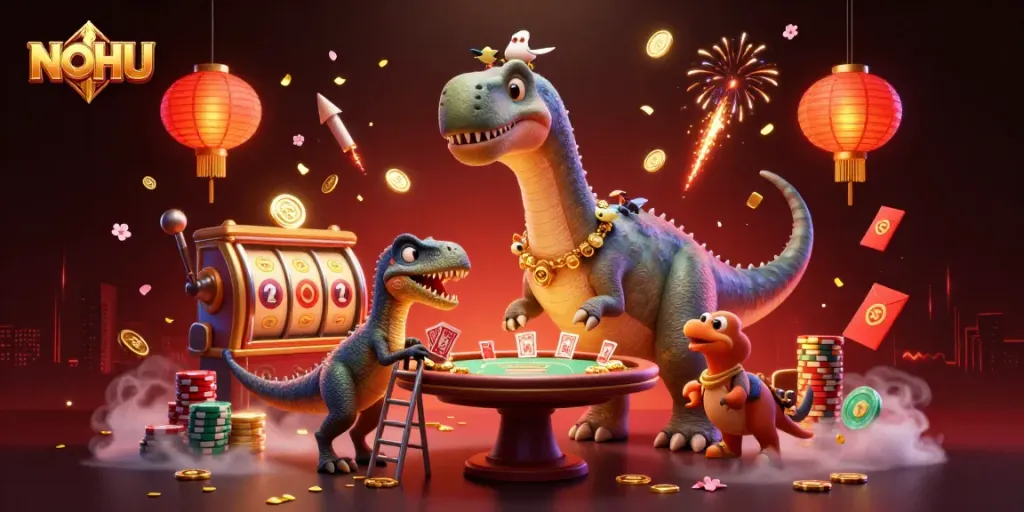 Engage with NOHU's dynamic casino experience featuring a towering brontosaurus and raptor dealer.