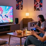 Couple enjoying ecchi games in a cozy living room with gaming setup.