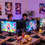 Exciting gaming night with friends playing hentai games on desktop and mobile devices in a vibrant setting.