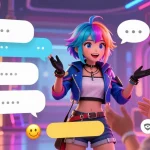 Engaging ecchi AI character interacting with a user in a vibrant digital landscape, showcasing chat interface.