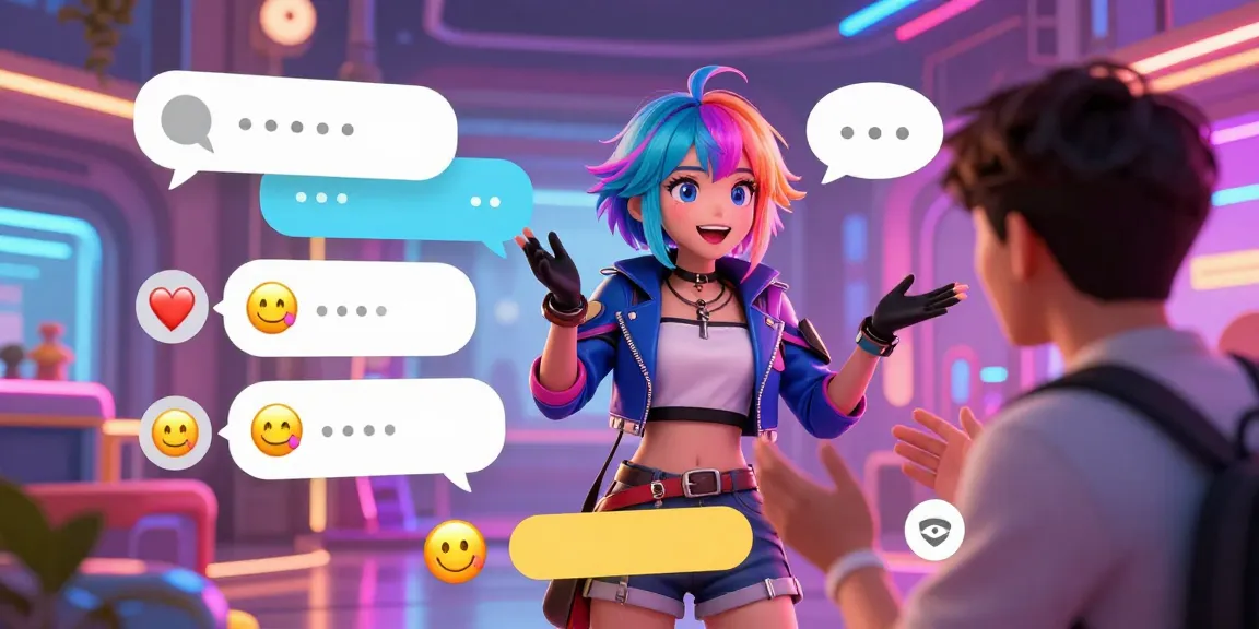 Engaging ecchi AI character interacting with a user in a vibrant digital landscape, showcasing chat interface.