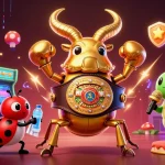 Experience AG88 gaming action with a golden stag beetle champion amidst vibrant casino elements.