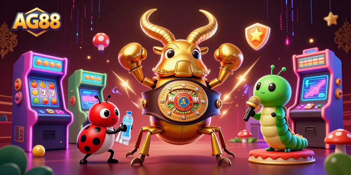 Experience AG88 gaming action with a golden stag beetle champion amidst vibrant casino elements.