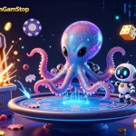 BettingSitesNotOnGamStop showcases an alien octopus at a neon-lit poker table amidst explosive casino elements.