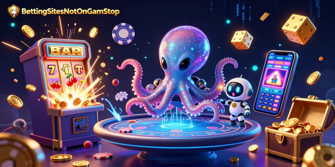 BettingSitesNotOnGamStop showcases an alien octopus at a neon-lit poker table amidst explosive casino elements.