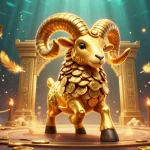 Dhani win engaging with golden ram and goats in vibrant casino scene, dynamic and captivating
