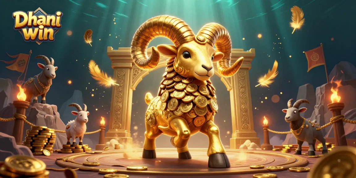 Dhani win engaging with golden ram and goats in vibrant casino scene, dynamic and captivating