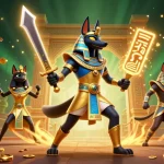 Cổng game Sunwin showcases an epic scene with Anubis and Bastet in an exhilarating online gaming arena.