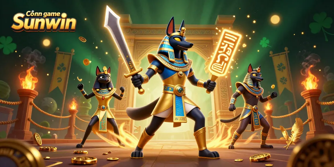 Cổng game Sunwin showcases an epic scene with Anubis and Bastet in an exhilarating online gaming arena.