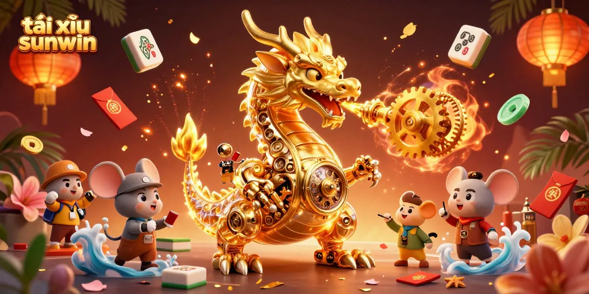 Play exciting tài xỉu sunwin with a stunning illustration of a golden dragon breathing gears, showcasing dynamic casino elements.