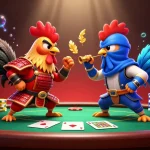 KUBET showcases an action-packed scene with fighting roosters in a vibrant casino atmosphere.