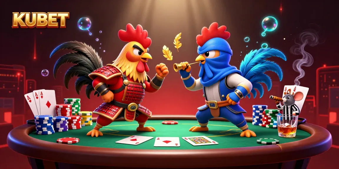 KUBET showcases an action-packed scene with fighting roosters in a vibrant casino atmosphere.