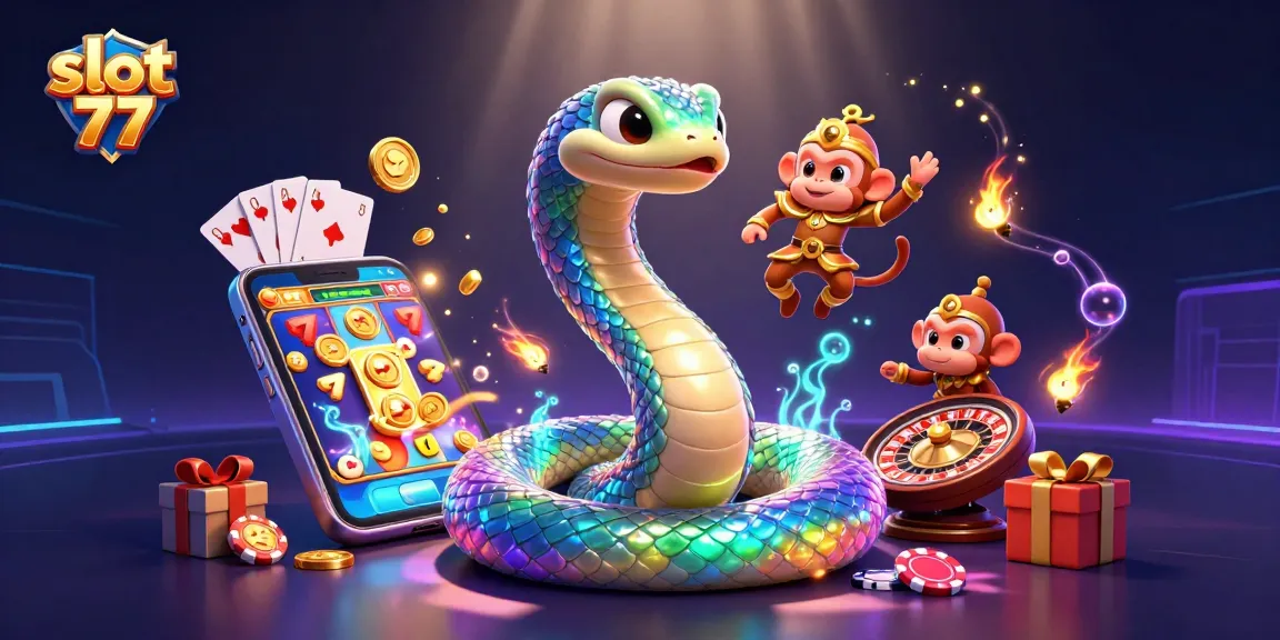 Spin the reels with slot 77 and experience the vibrant casino magic in a colorful illustration.
